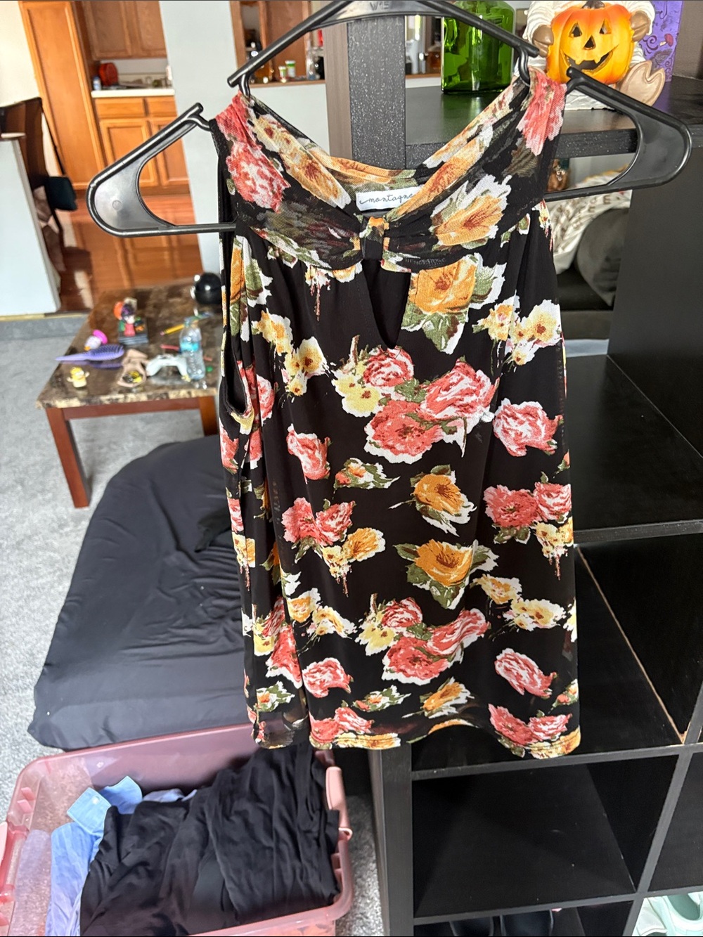 Sleeveless Floral top in Black with Pink & Yellow Roses